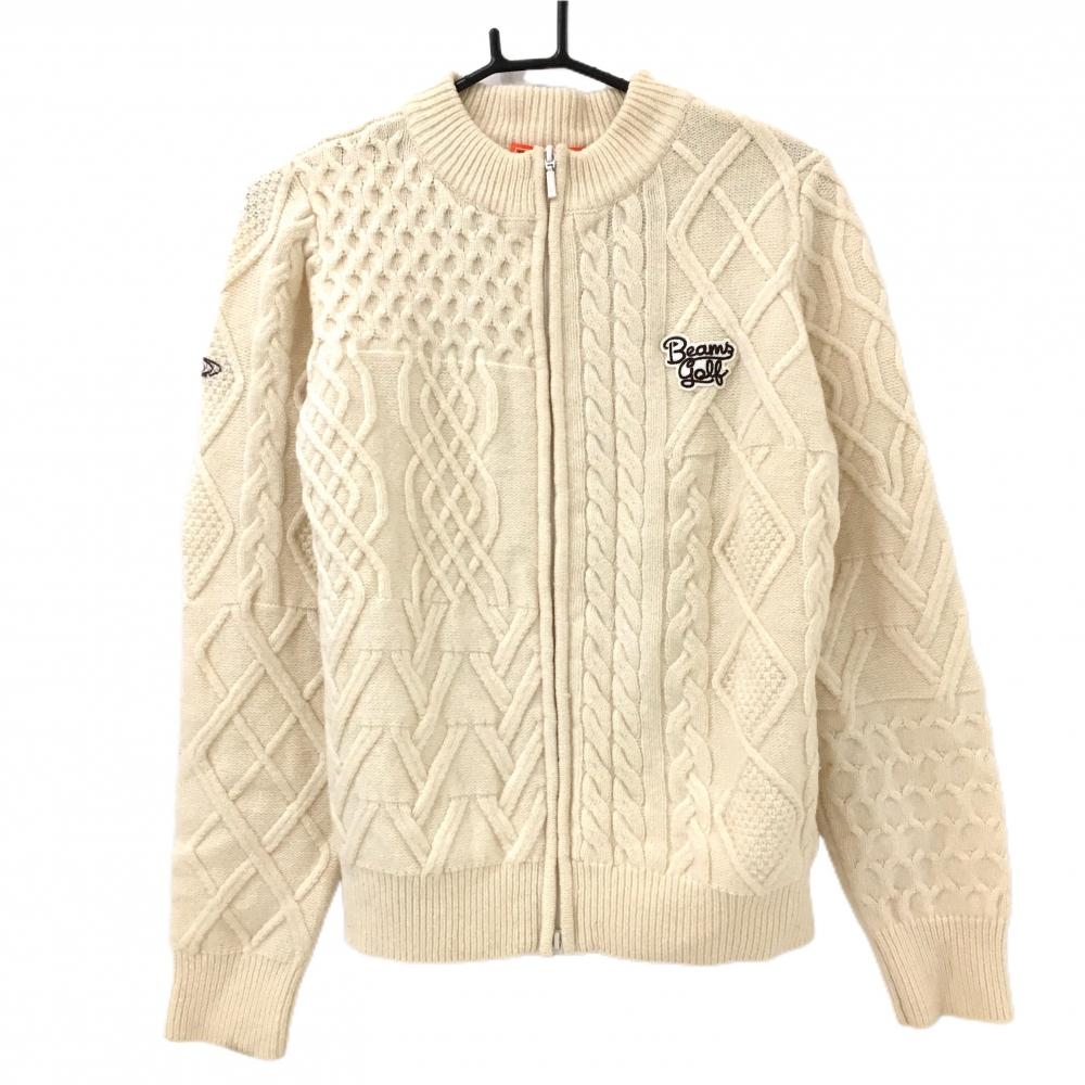 【美品】ビームスゴルフ ニットジャケット アイボリー 一部ケーブル編み ウール混 レディース L ゴルフウェア BEAMS GOLF
