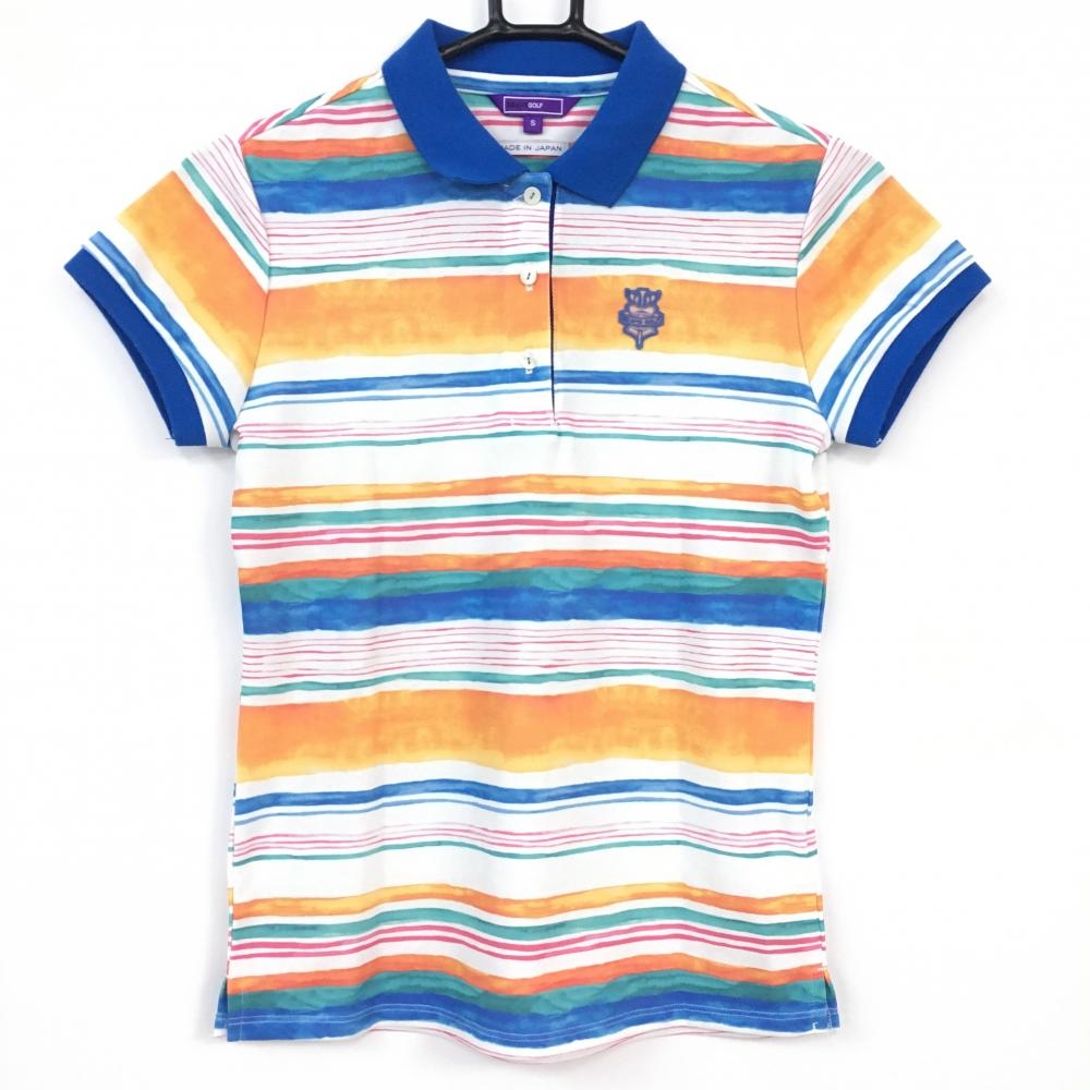 【美品】BEAMS GOLF ビームスゴルフ 半袖ポロシャツ ブルー×オレンジ ボーダー柄 マルチカラー レディース S ゴルフウェア