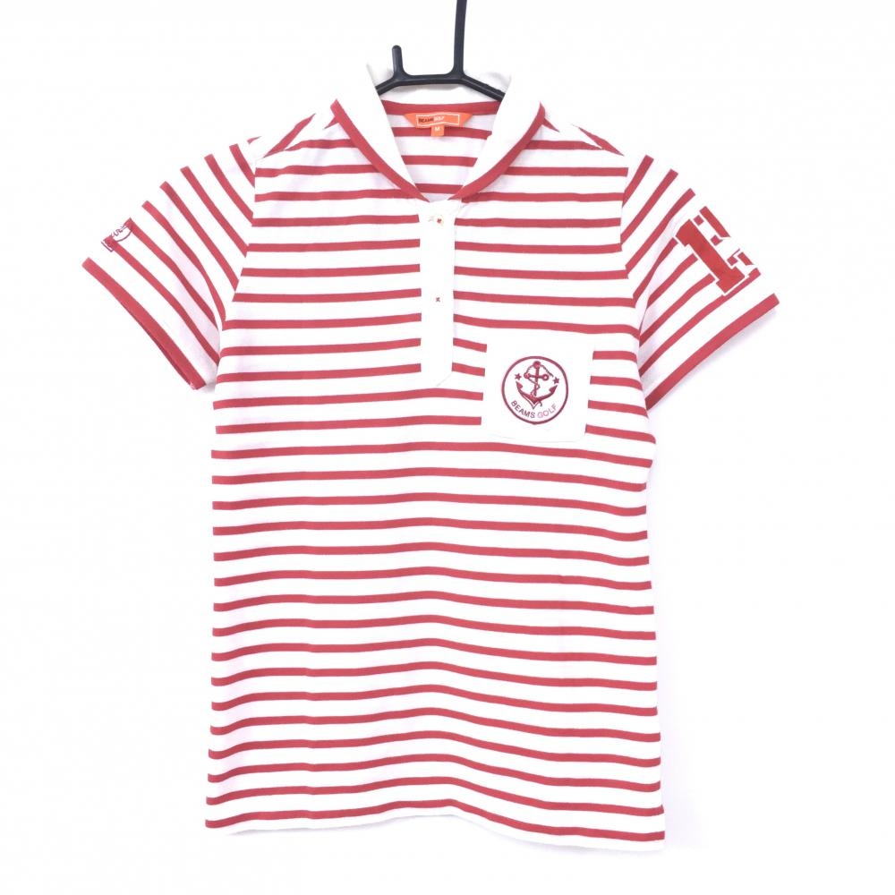 BEAMS GOLF ビームスゴルフ 半袖ポロシャツ 白×レッド ボーダー ロゴ×イカリワッペン  レディース M ゴルフウェア