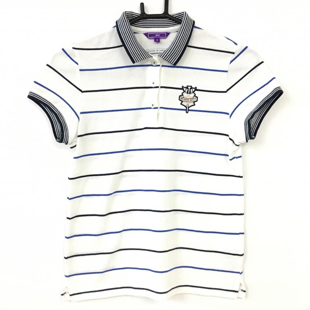 BEAMS GOLF ビームスゴルフ 半袖ポロシャツ 白×ブルー ボーダー 襟裏ロゴ ロゴワッペン レディース S ゴルフウェア