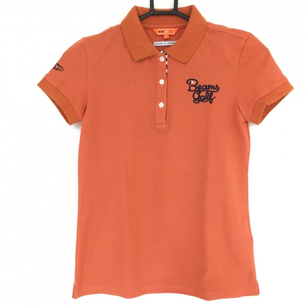 【超美品】ビームスゴルフ 半袖ポロシャツ オレンジ×ネイビー 前立て襟裏花柄 シンプル レディース S ゴルフウェア BEAMS GOLF