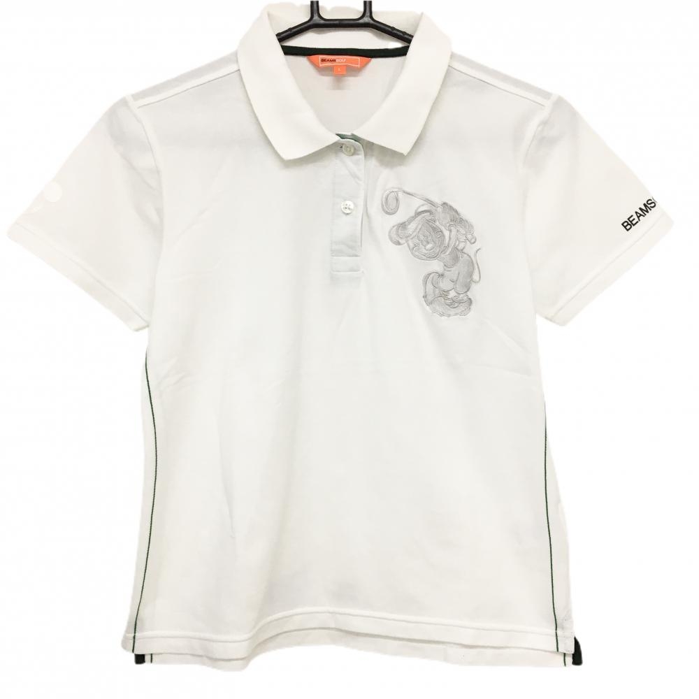 【美品】ビームスゴルフ 半袖ポロシャツ 白×グリーン ミッキーマウス レディース L ゴルフウェア BEAMS GOLF