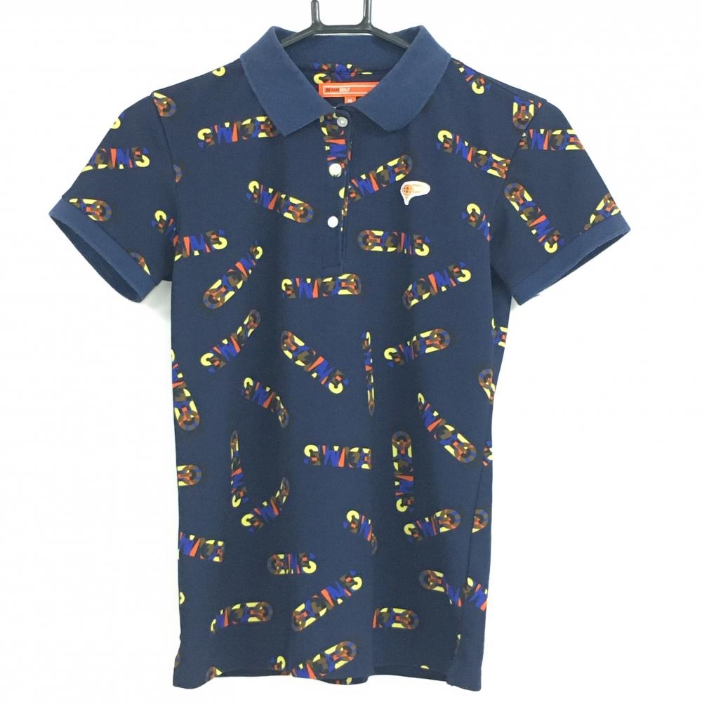 ビームスゴルフ 半袖ポロシャツ ネイビー×マルチカラー 英字総柄 ロゴワッペン  レディース M ゴルフウェア BEAMS GOLF