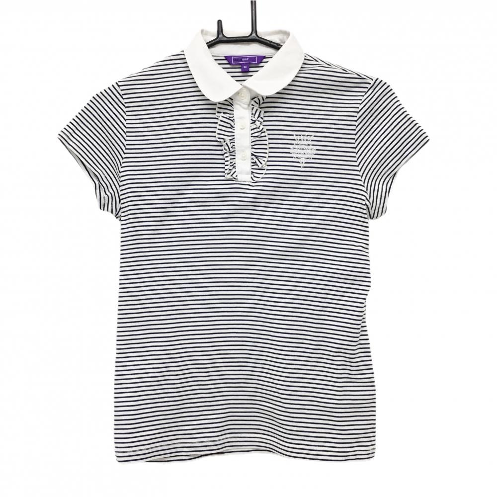 ビームスゴルフ 半袖ポロシャツ 白×黒 ボーダー 前立てフリル ロゴ刺しゅう  レディース M ゴルフウェア BEAMS GOLF