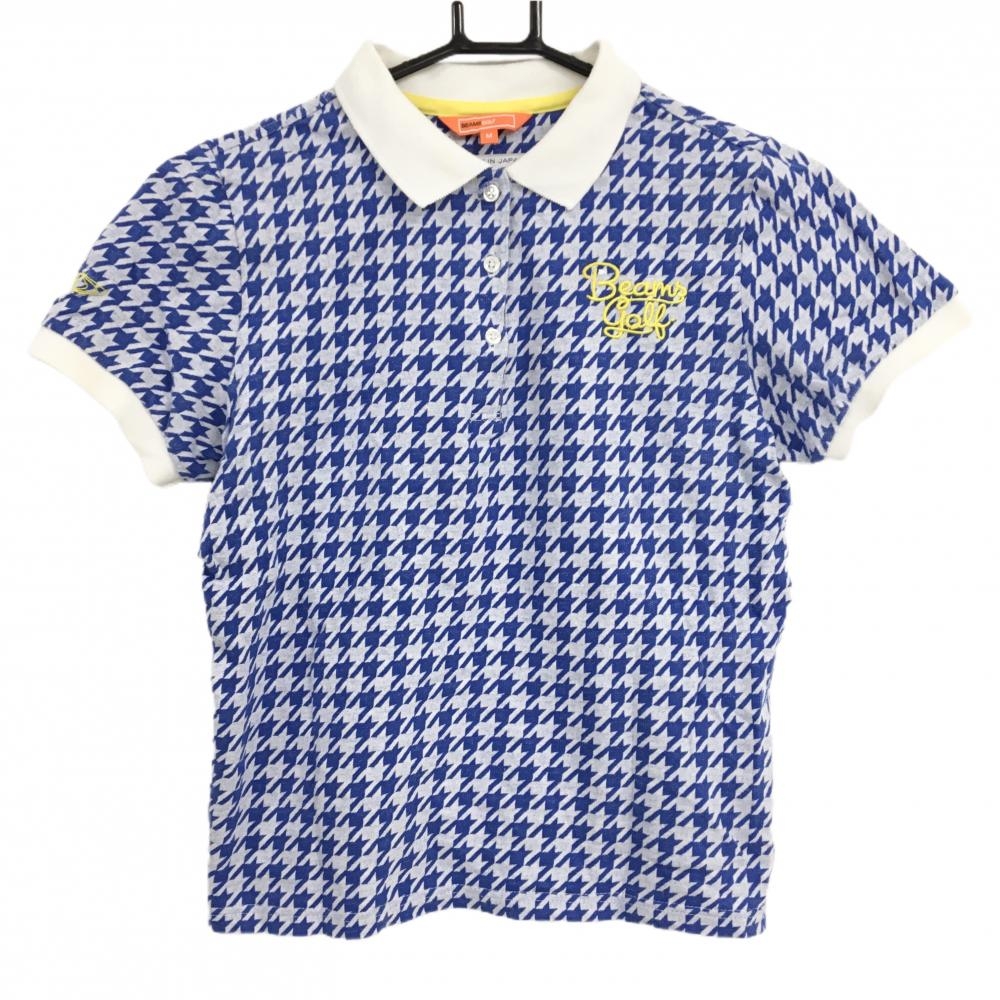 ビームスゴルフ 半袖ポロシャツ ブルー×白 千鳥格子 ロゴ刺しゅう レディース Ｍ ゴルフウェア BEAMS GOLF