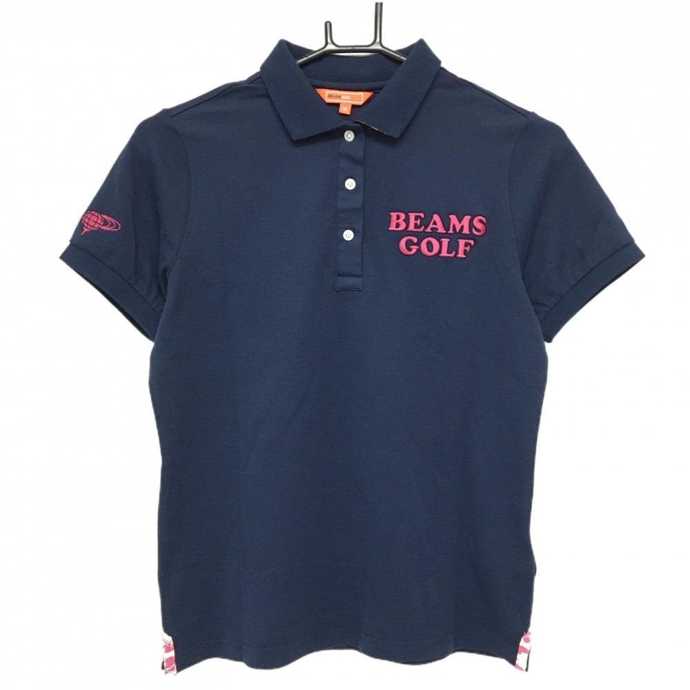 【超美品】ビームスゴルフ 半袖ポロシャツ ネイビー×ピンク ロゴ刺しゅう レディース M ゴルフウェア BEAMS GOLF