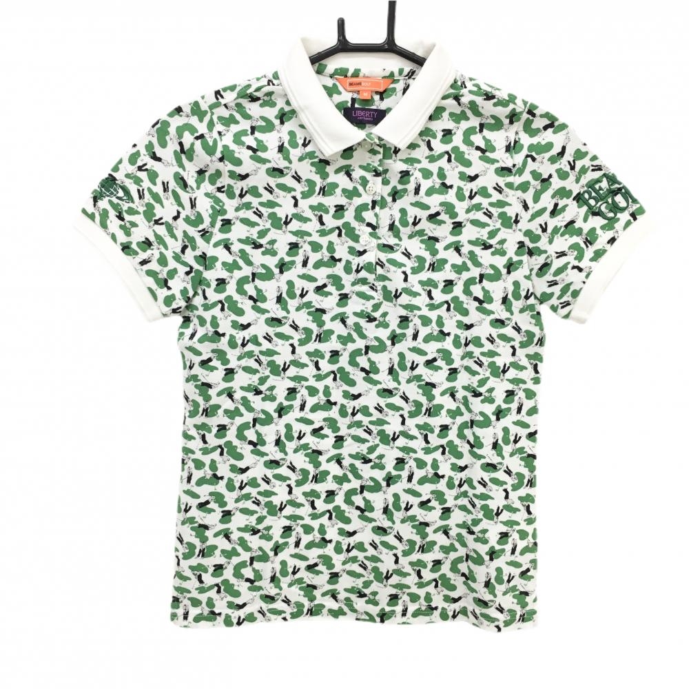 【美品】ビームスゴルフ×LIBERTY 半袖ポロシャツ 白×グリーン×黒 総柄 ゴルファー レディース M ゴルフウェア BEAMS GOLF