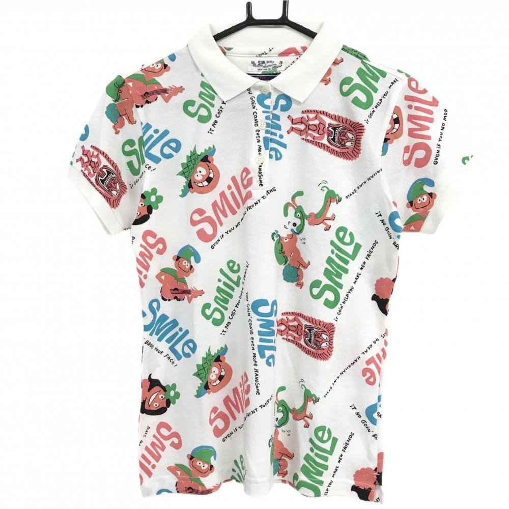 【超美品】ビームスゴルフ×サンサーフ 半袖ポロシャツ 白×マルチカラー 総柄 SMILE レディース M ゴルフウェア BEAMS GOLF