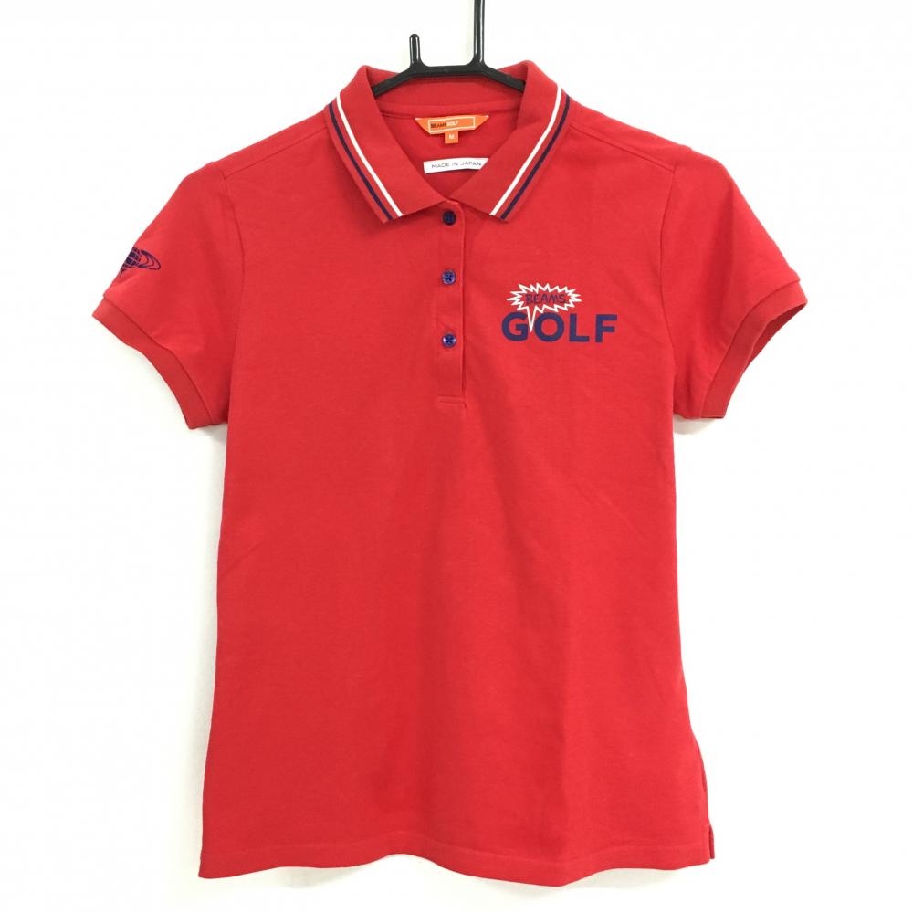 ビームスゴルフ 半袖ポロシャツ レッド ロゴネイビー  レディース M ゴルフウェア BEAMS GOLF