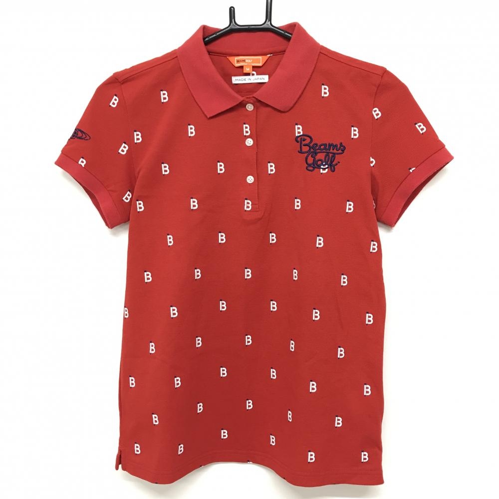 【美品】ビームスゴルフ 半袖ポロシャツ レッド×白 総柄 レディース M ゴルフウェア BEAMS GOLF