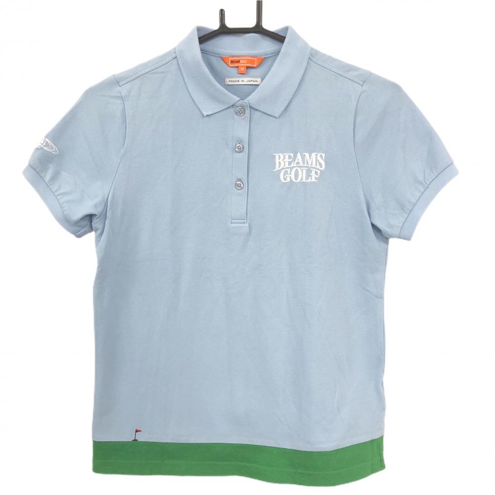 ビームスゴルフ 半袖ポロシャツ ライトブルー×グリーン ロゴ刺しゅう レディース M ゴルフウェア BEAMS GOLF