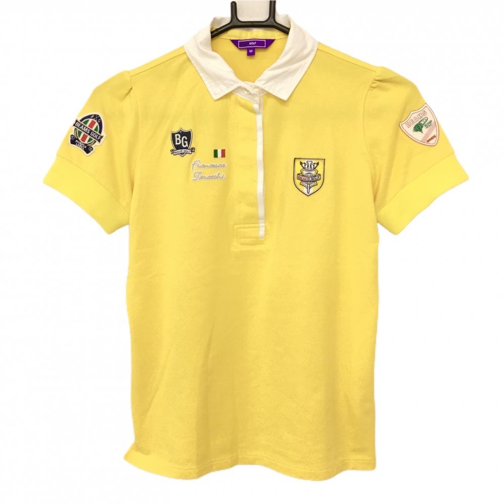 【美品】ビームスゴルフ 半袖ポロシャツ イエロー×白×ネイビー 胸・袖ロゴ  レディース M ゴルフウェア BEAMS GOLF