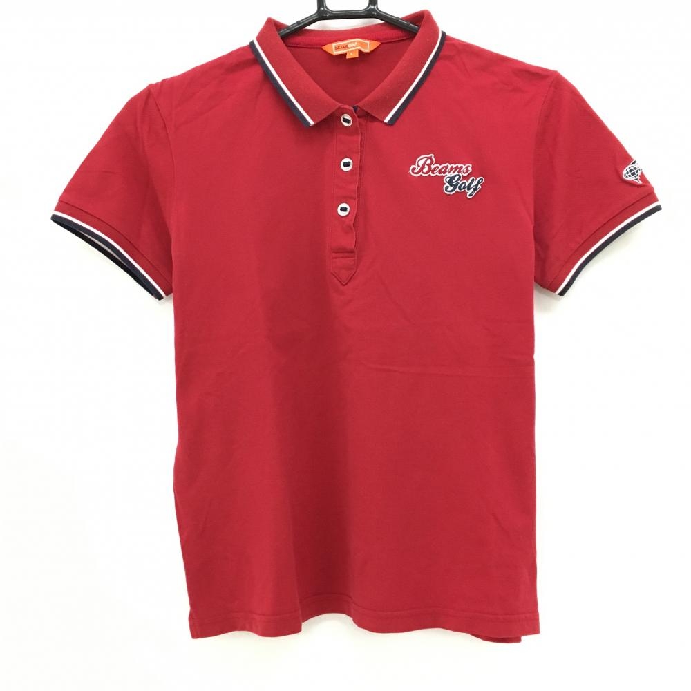 ビームスゴルフ 半袖ポロシャツ レッド×ネイビー 胸ロゴワッペン  レディース L ゴルフウェア BEAMS GOLF