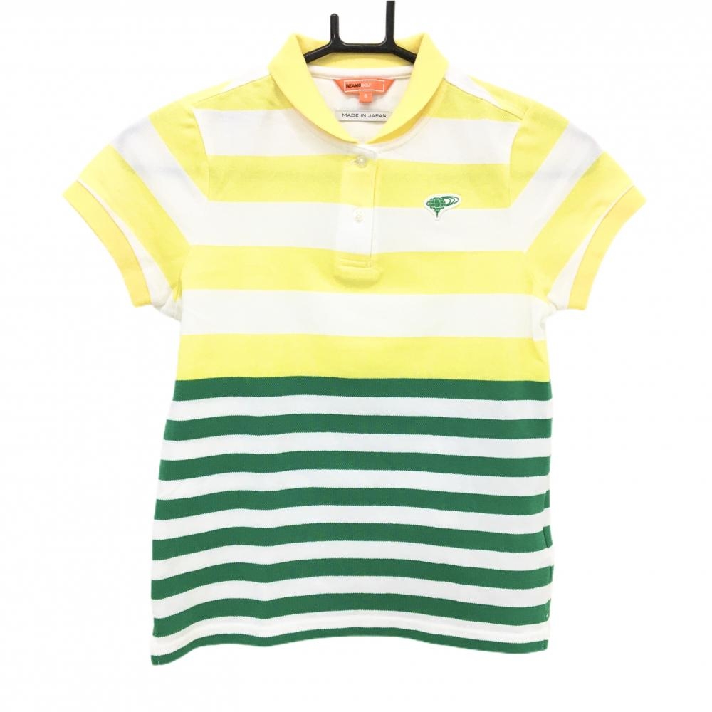 【超美品】ビームスゴルフ 半袖ポロシャツ イエロー×白×グリーン ボーダー  レディース S ゴルフウェア BEAMS GOLF