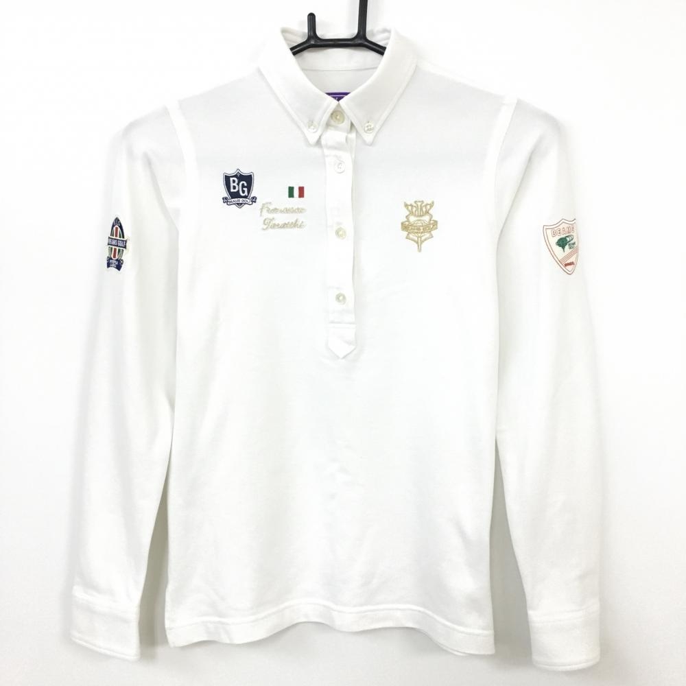 【美品】BEAMS GOLF ビームスゴルフ 長袖ポロシャツ 白 ボタンダウン 日本製 複数ワッペン レディース S ゴルフウェア