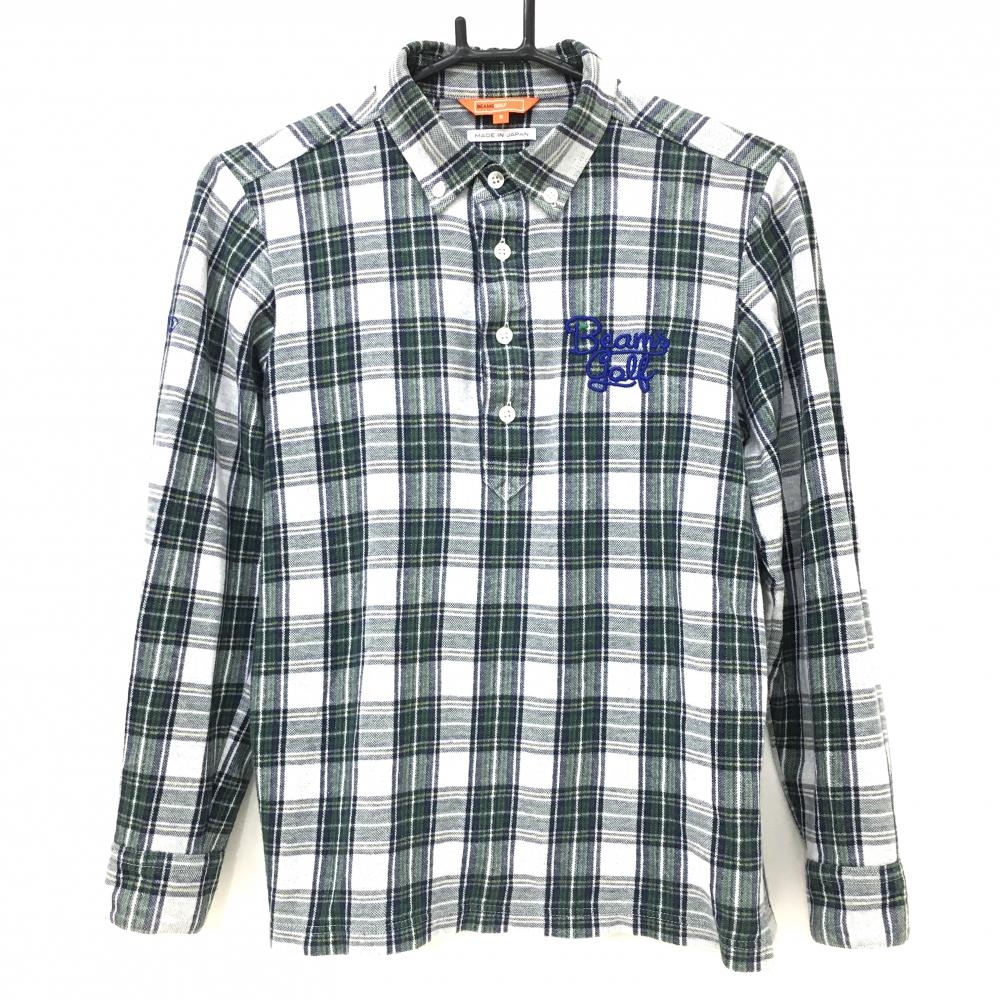 【美品】ビームスゴルフ 長袖ポロシャツ 白×グリーン チェック ボタンダウン 綿100％ レディース S ゴルフウェア BEAMS GOLF