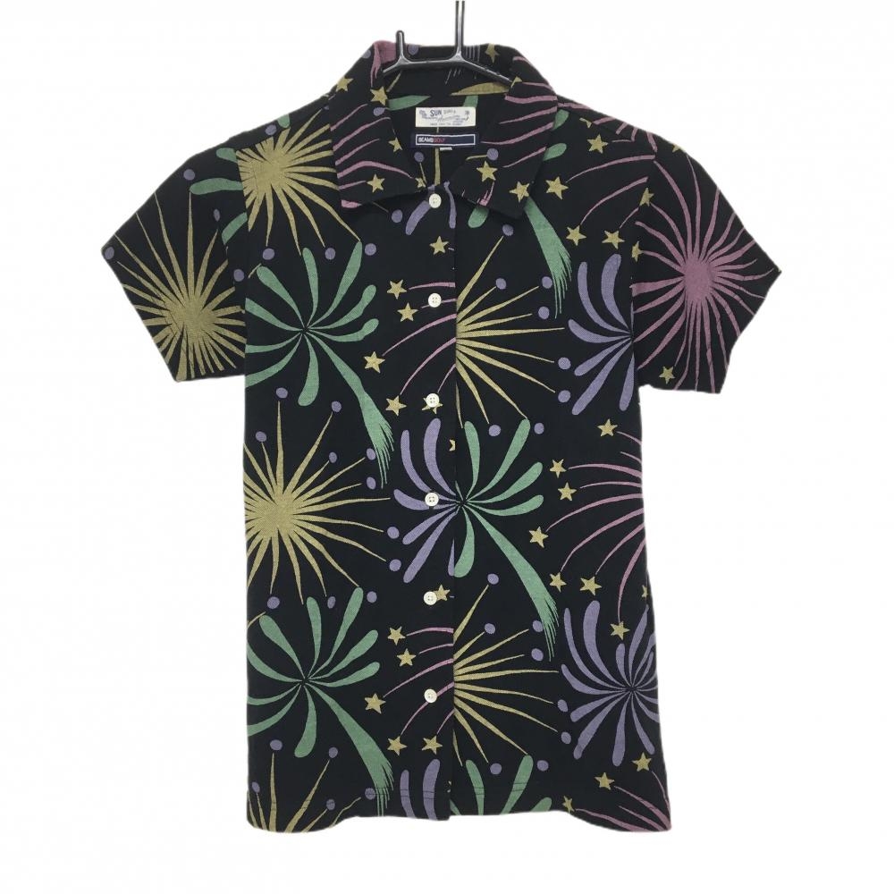 【超美品】ビームスゴルフ 半袖シャツ 黒×マルチカラー 花火柄 SUN SURF レディース S ゴルフウェア BEAMS GOLF
