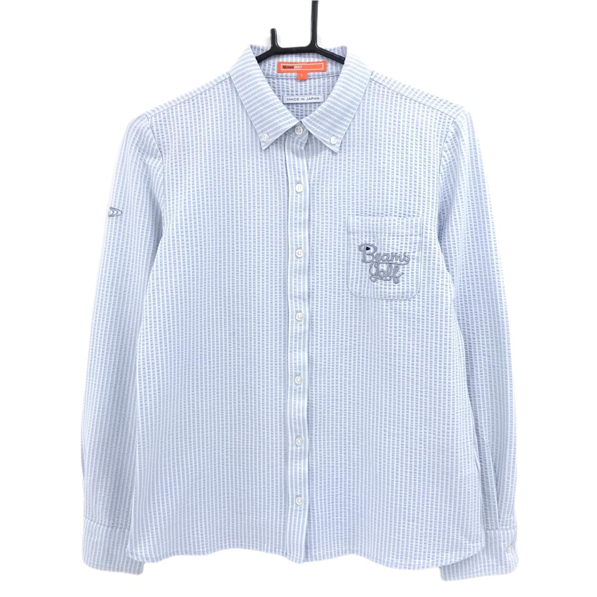 ビームスゴルフ 長袖シャツ ライトブルー×白 ストライプ サッカー調生地 ボタンダウン レディース L ゴルフウェア BEAMS GOLF
