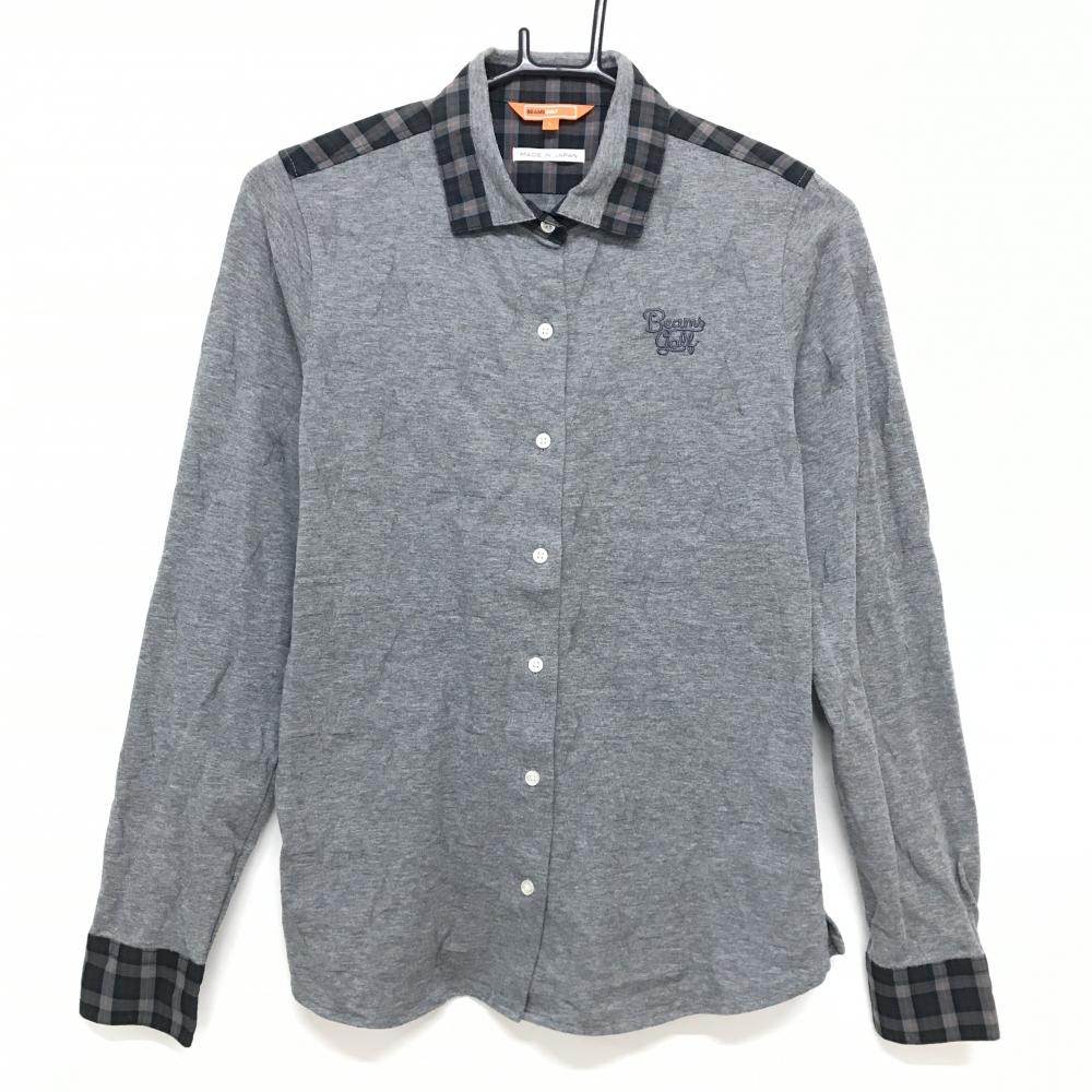 【超美品】ビームスゴルフ 長袖シャツ グレー×黒 星柄地模様 一部チェック コットン100％ レディース L ゴルフウェア BEAMS GOLF
