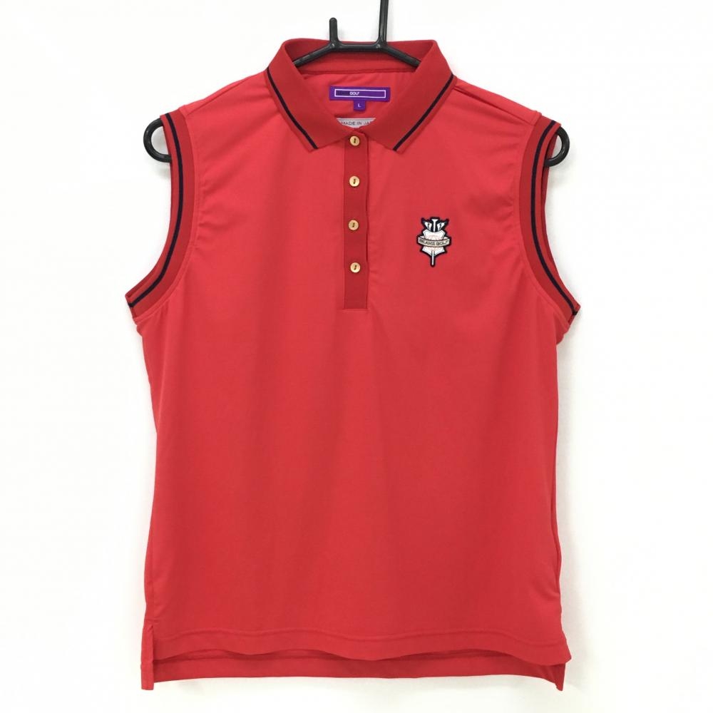 【超美品】ビームスゴルフ ノースリーブポロシャツ レッド×ネイビー 襟・袖口ライン胸元ワッペン   レディース L ゴルフウェア BEAMS GOLF