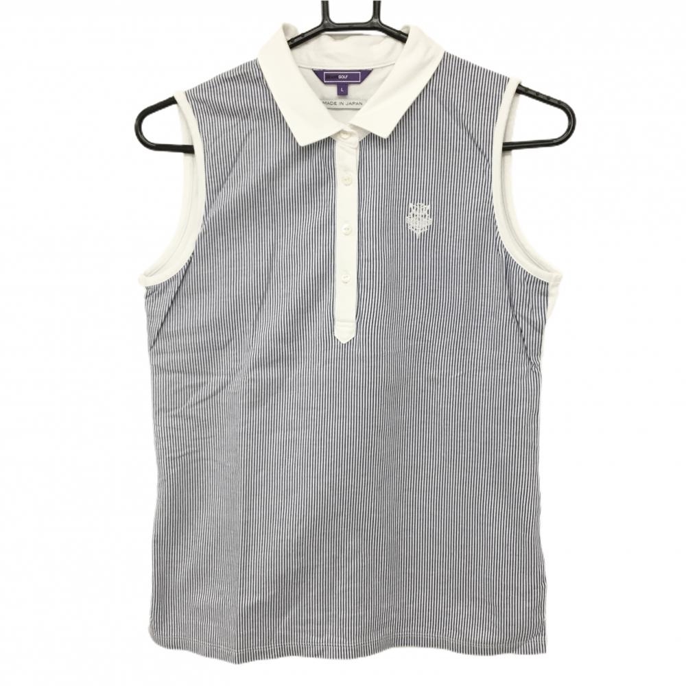 【美品】ビームスゴルフ ノースリーブポロシャツ 白×ネイビー ストライプ 胸ロゴ レディース L ゴルフウェア BEAMS GOLF