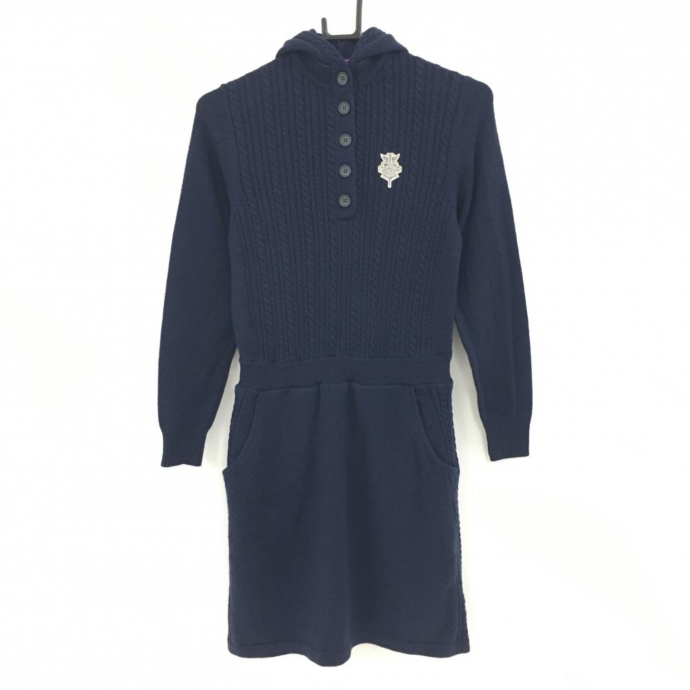 【美品】ビームスゴルフ ニットワンピース ネイビー フード ロゴワッペン レディース M ゴルフウェア BEAMS GOLF