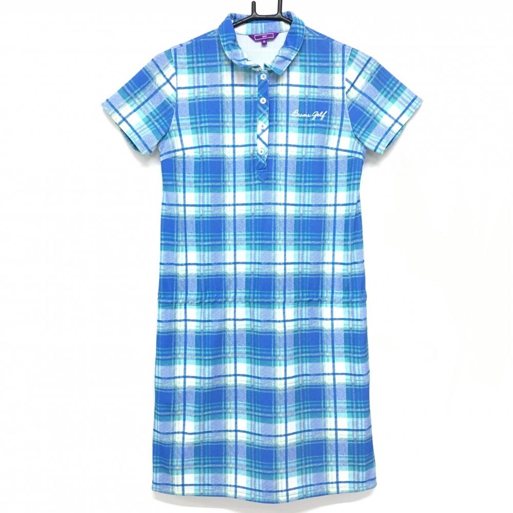【超美品】ビームスゴルフ 半袖ポロワンピース ブルー×白 チェック レディース M ゴルフウェア BEAMS GOLF
