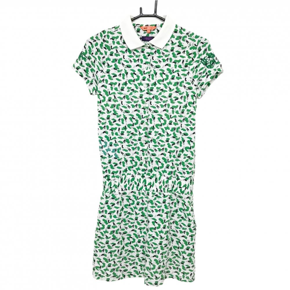 【美品】ビームスゴルフ 半袖ポロワンピース 白×グリーン ゴルファー総柄 LIBERTY  レディース M ゴルフウェア BEAMS GOLF