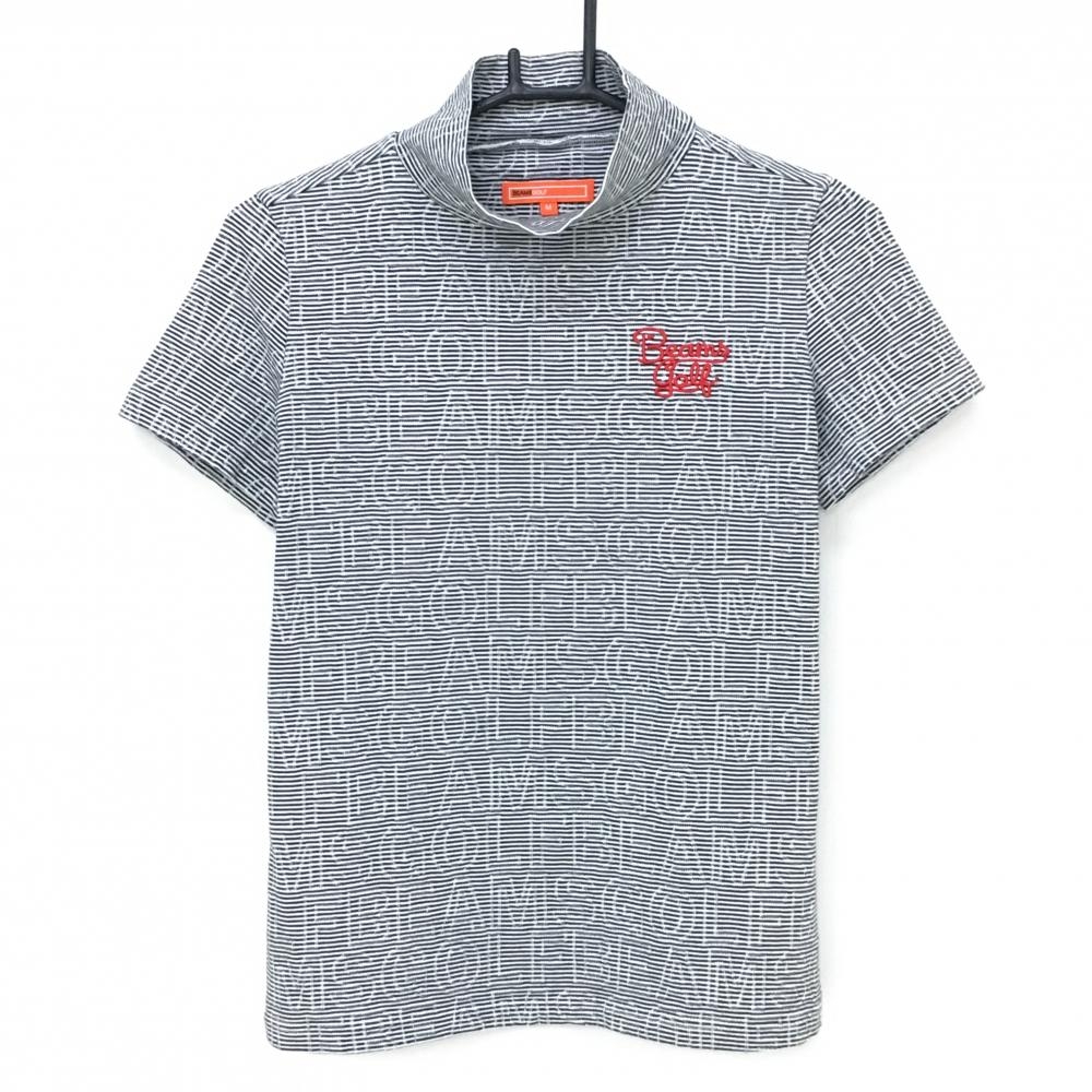 【美品】ビームスゴルフ 半袖ハイネックシャツ 黒×白 ボーダー ロゴ総柄 レディース M ゴルフウェア BEAMS GOLF