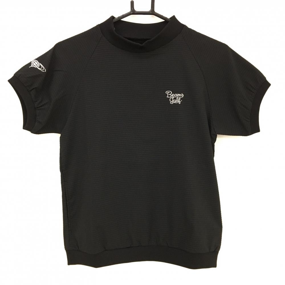 【超美品】ビームスゴルフ 半袖ハイネックシャツ 黒 サッカー生地調 ロゴ白  レディース M ゴルフウェア 2023年モデル BEAMS GOLF