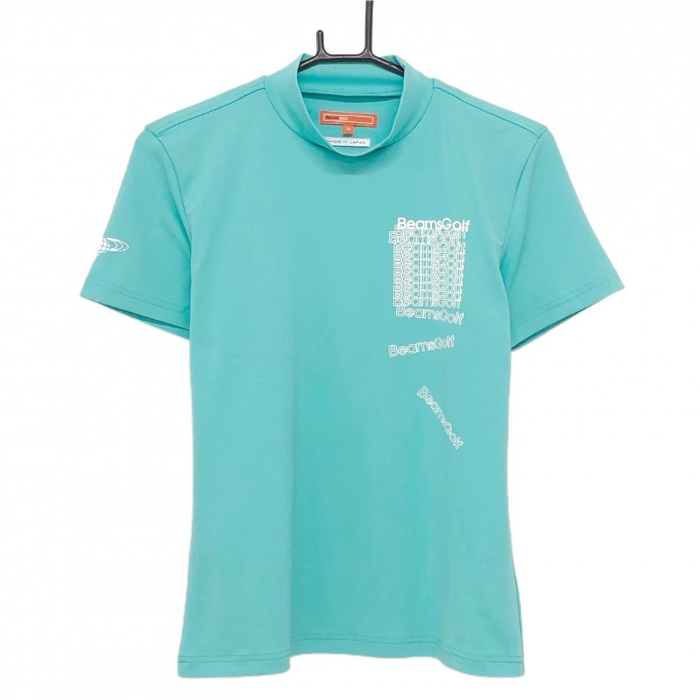 【超美品】ビームスゴルフ 半袖ハイネックシャツ ライトグリーン×白 ロゴ レディース M ゴルフウェア BEAMS GOLF