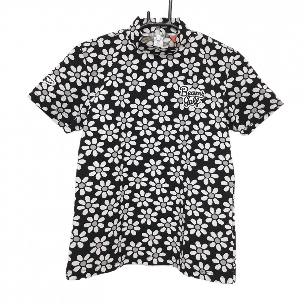 【超美品】ビームスゴルフ 半袖ハイネックシャツ 黒×白 花柄 ロゴワッペン 後ろハーフジップ レディース S ゴルフウェア BEAMS GOLF