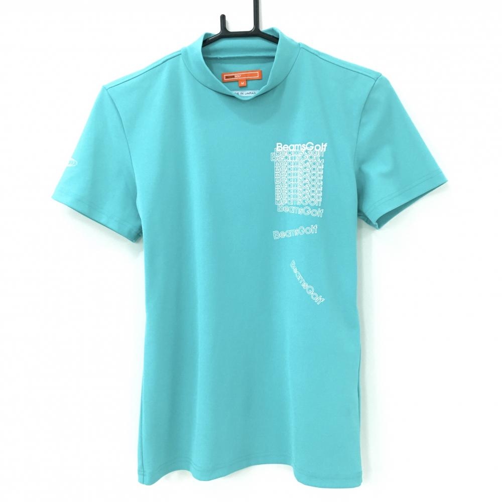 【美品】ビームスゴルフ 半袖ハイネックシャツ ミントグリーン×白 ロゴプリント レディース M ゴルフウェア BEAMS GOLF