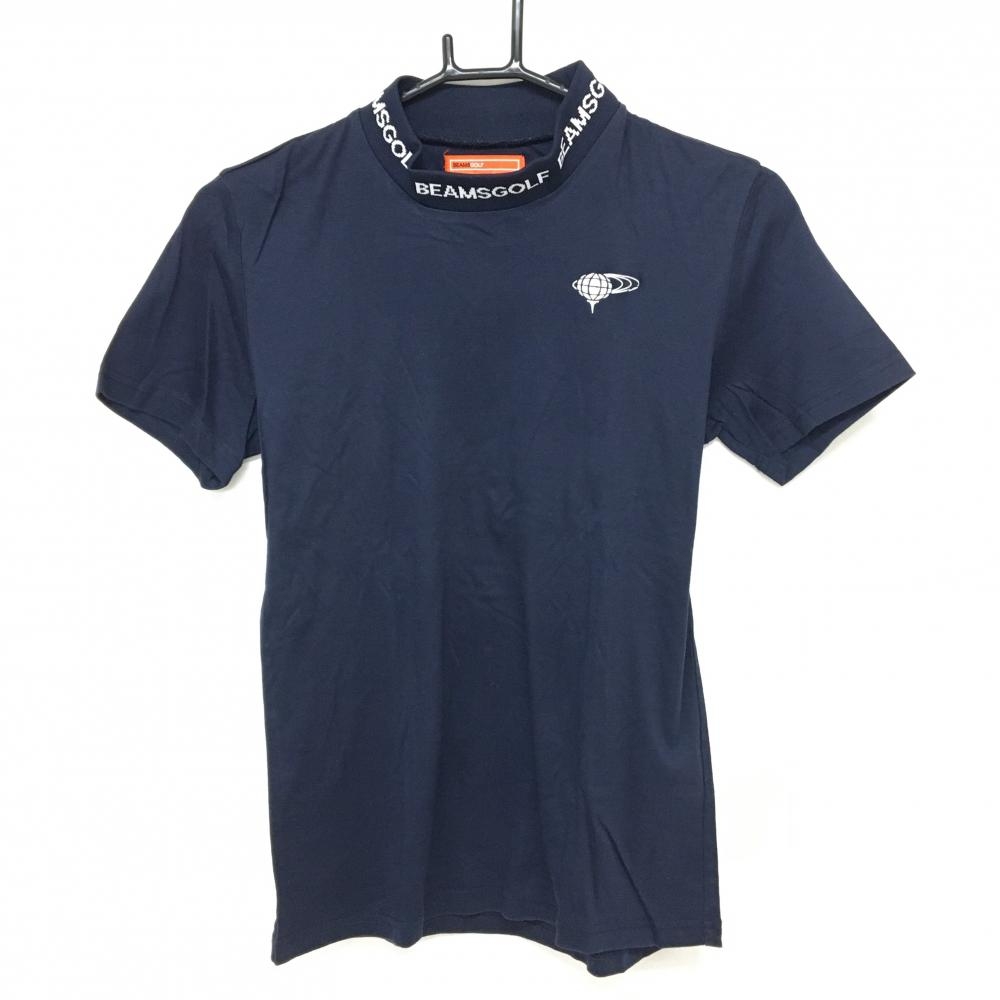 ビームスゴルフ 半袖ハイネックシャツ ダークネイビー×白 ネック英字ロゴライン レディース L ゴルフウェア BEAMS GOLF