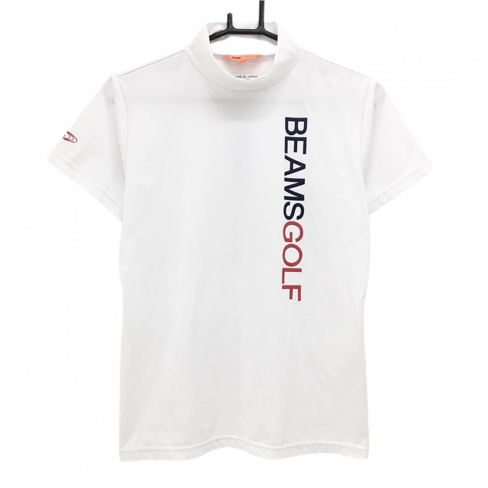 ビームスゴルフ 半袖ハイネックシャツ 白×ネイビー×レッド ロゴプリント  レディース M ゴルフウェア BEAMS GOLF