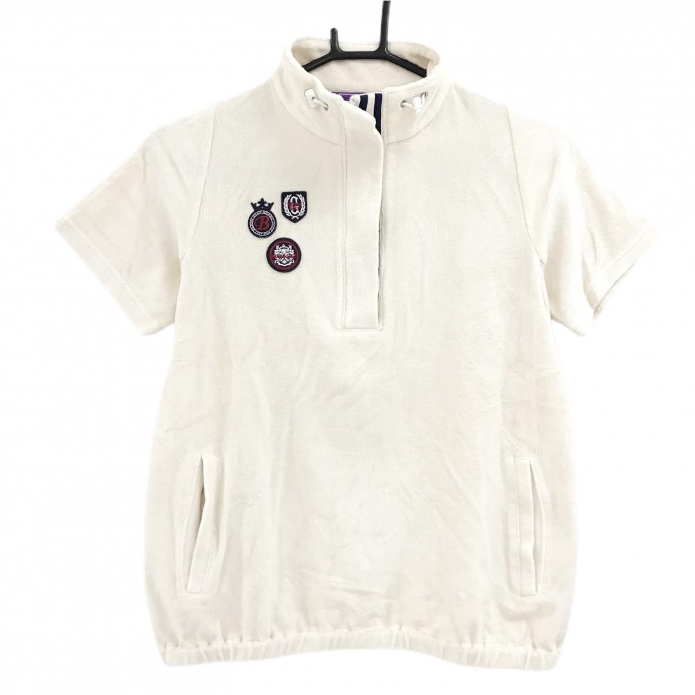 【美品】ビームスゴルフ 半袖ハイネックシャツ アイボリー×ネイビー ハーフジップ  レディース M ゴルフウェア BEAMS GOLF