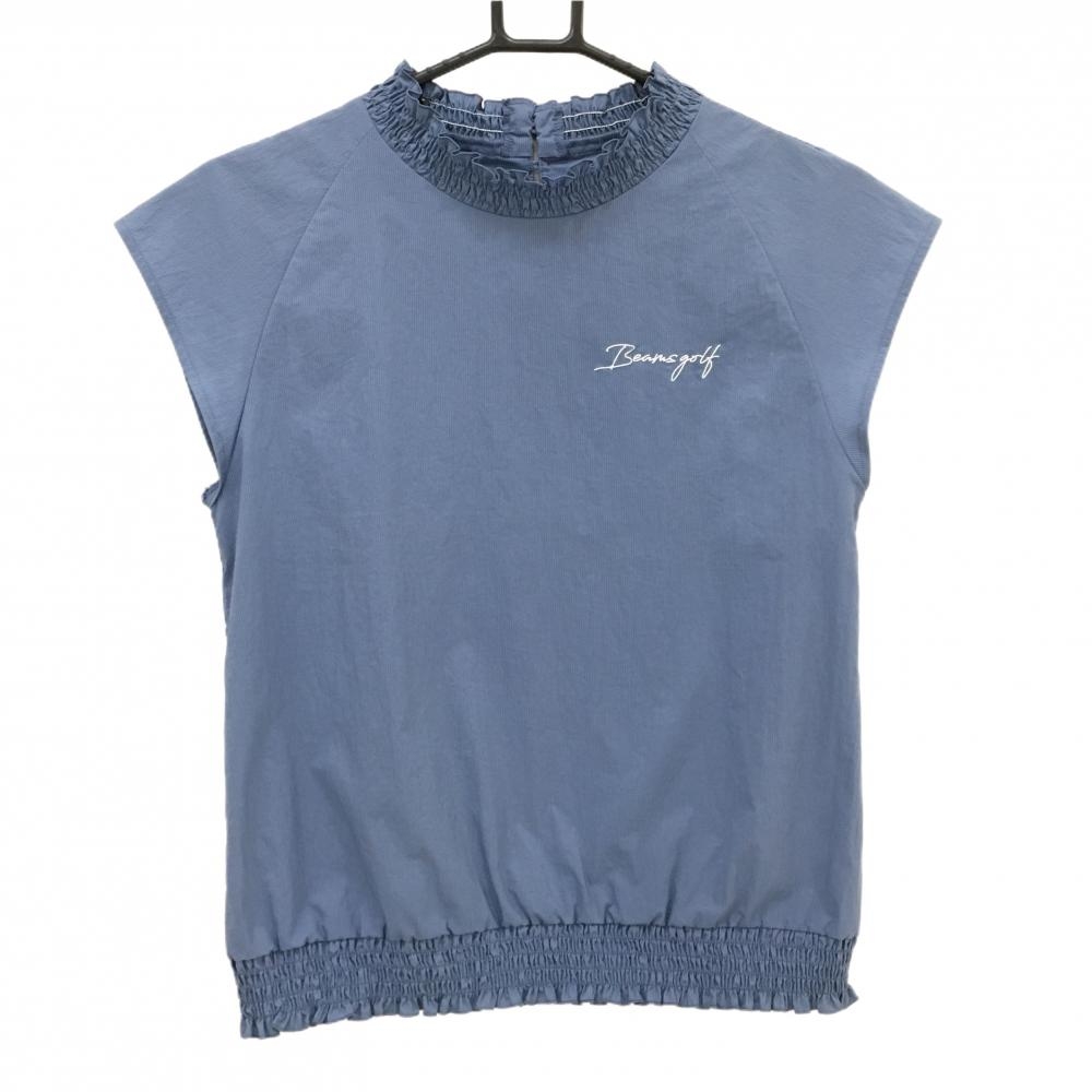 【美品】ビームスゴルフ 半袖ハイネックシャツ スモーキーブルー ストライプ地模様  レディース M ゴルフウェア BEAMS GOLF