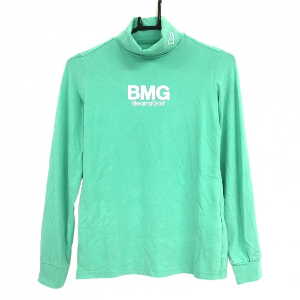 【美品】ビームスゴルフ 長袖ハイネックシャツ ライトグリーン×白 ロゴプリント 表微起毛 レディース S ゴルフウェア BEAMS GOLF