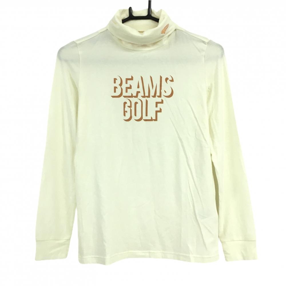 【超美品】ビームスゴルフ 長袖ハイネックシャツ ライトベージュ×オレンジ ロゴプリント 微起毛  レディース S ゴルフウェア BEAMS GOLF