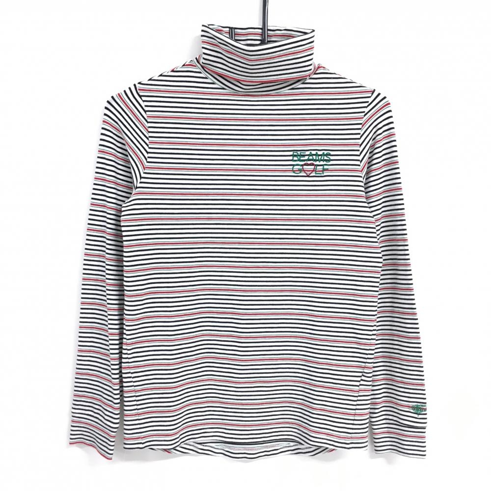 【美品】ビームスゴルフ 長袖ハイネックシャツ 白×黒×レッド ボーダー 表微起毛 レディース M ゴルフウェア BEAMS GOLF