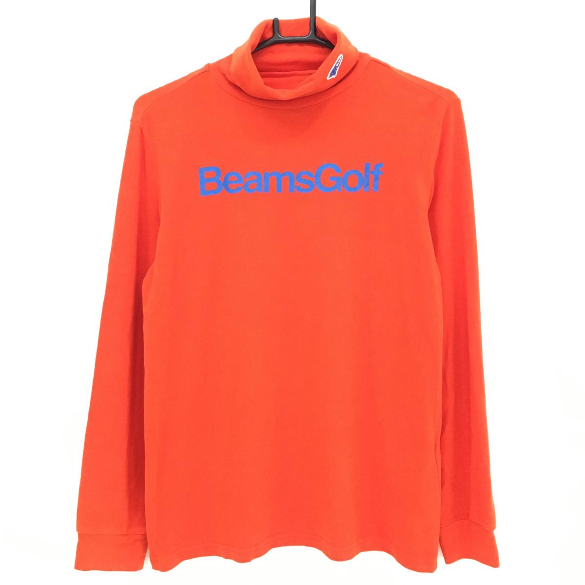 【超美品】ビームスゴルフ 長袖タートルネックシャツ レッド×ブルー 表微起毛 ロゴプリント レディース L ゴルフウェア BEAMS GOLF