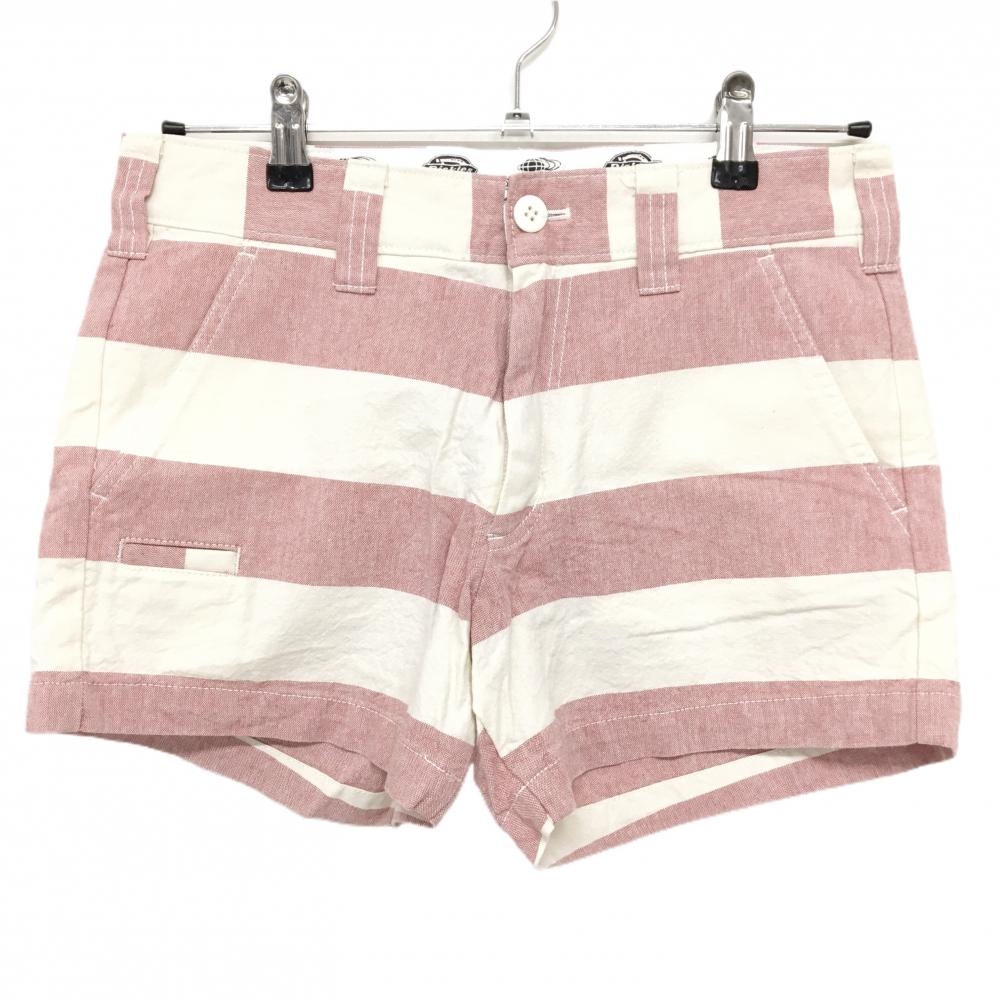 【美品】ビームスゴルフ×ディッキーズ ショートパンツ 白系×杢レッド系 ボーダー 後ろロゴ レディース 26 ゴルフウェア BEAMS GOLF