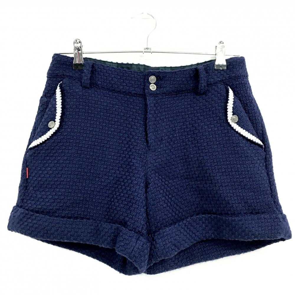 【美品】ビームスゴルフ ショートパンツ ネイビー×白 織生地 ウール混 裏地付  レディース S ゴルフウェア BEAMS GOLF