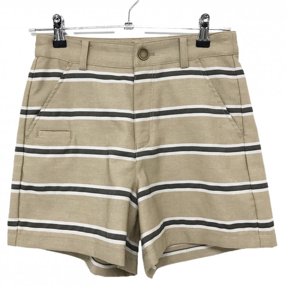 【超美品】ビームスゴルフ ショートパンツ ベージュ×ダークブラウン ボーダー 後ろロゴワッペン レディース S ゴルフウェア BEAMS GOLF