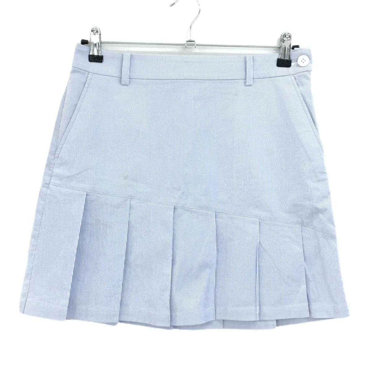 ビームスゴルフ プリーツスカート 白×ライトブルー系 細ストライプ レディース L ゴルフウェア BEAMS GOLF