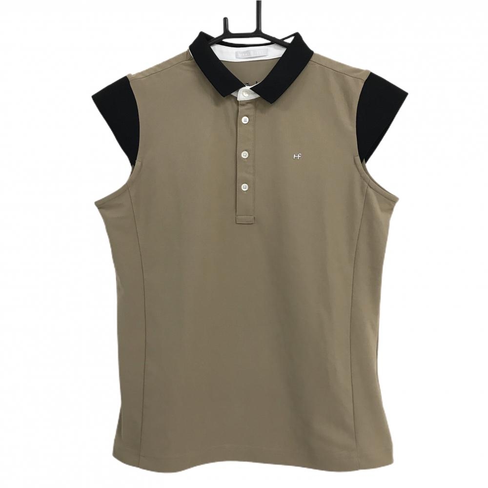【超美品】ヒールクリーク 半袖ポロシャツ ブラウン×黒 袖ニット  レディース 42(L) ゴルフウェア Heal Creek
