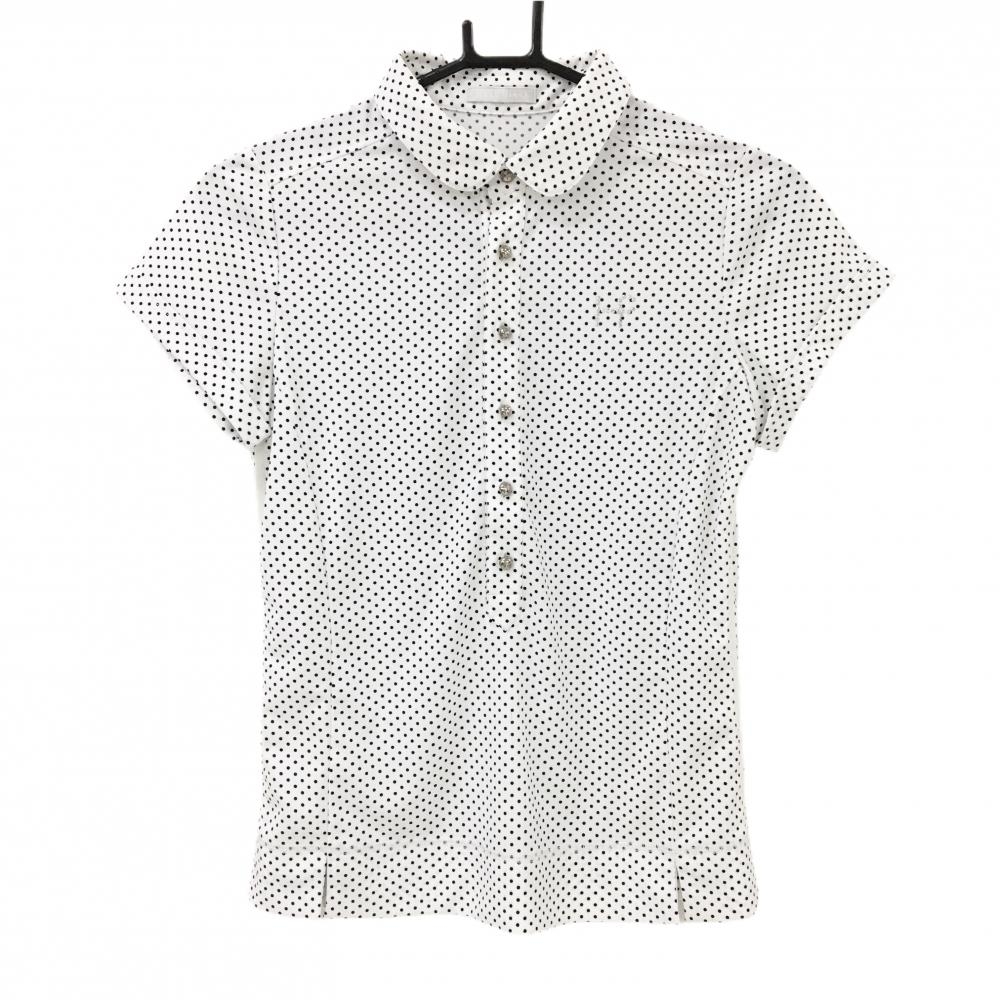 【美品】ヒールクリーク 半袖ポロシャツ 白×ネイビー ドット柄 ラインストーン  レディース 40(M) ゴルフウェア Heal Creek
