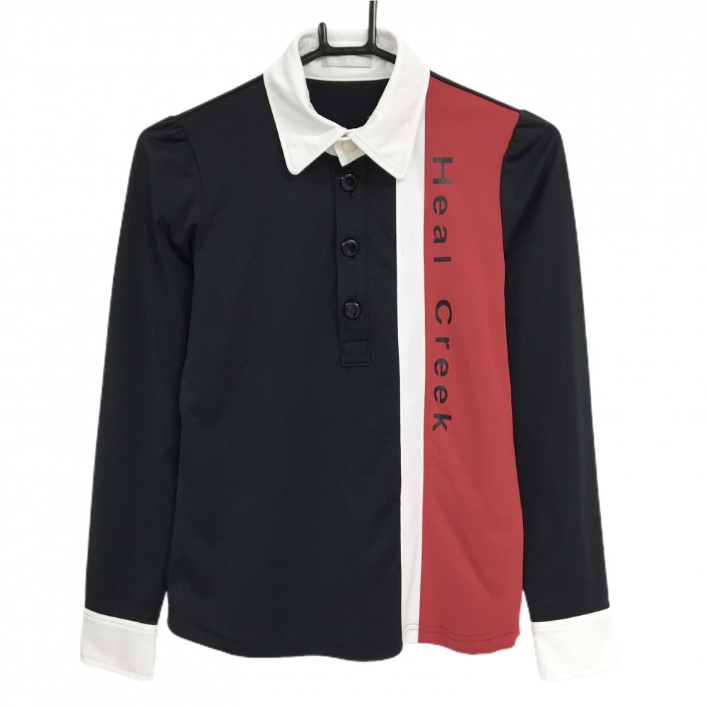 【美品】ヒールクリーク 長袖ポロシャツ 黒×レッド×白 ロゴプリント レディース 40(M) ゴルフウェア Heal Creek