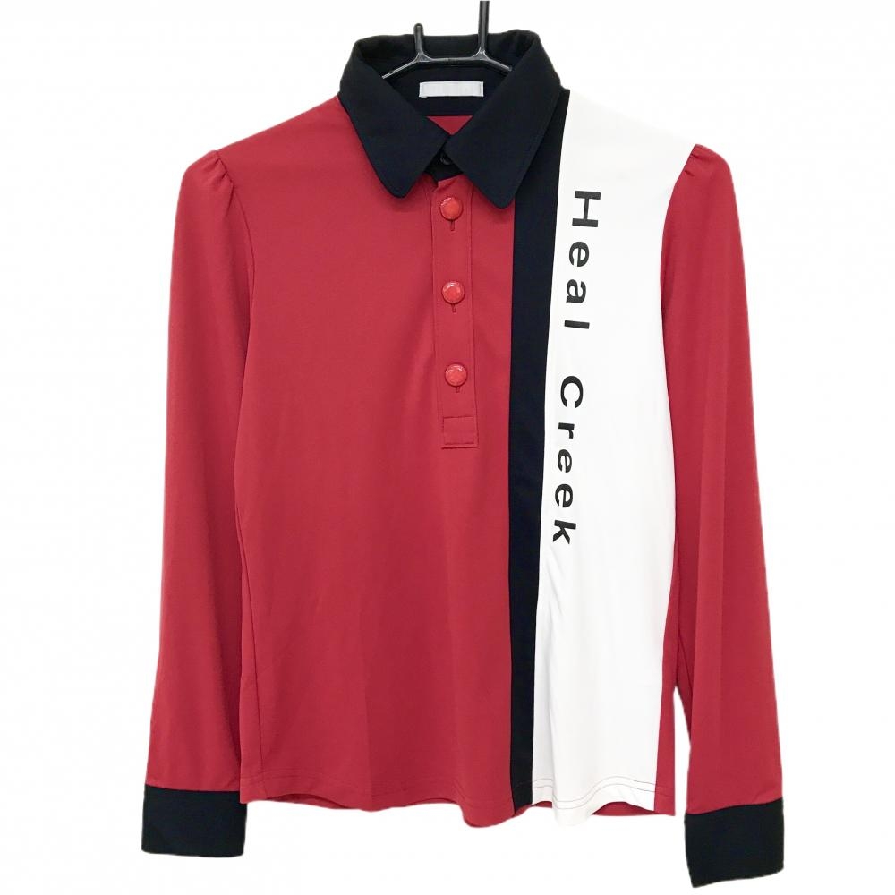 【美品】ヒールクリーク 長袖ポロシャツ レッド×黒 ロゴプリント  レディース 40(M) ゴルフウェア Heal Creek