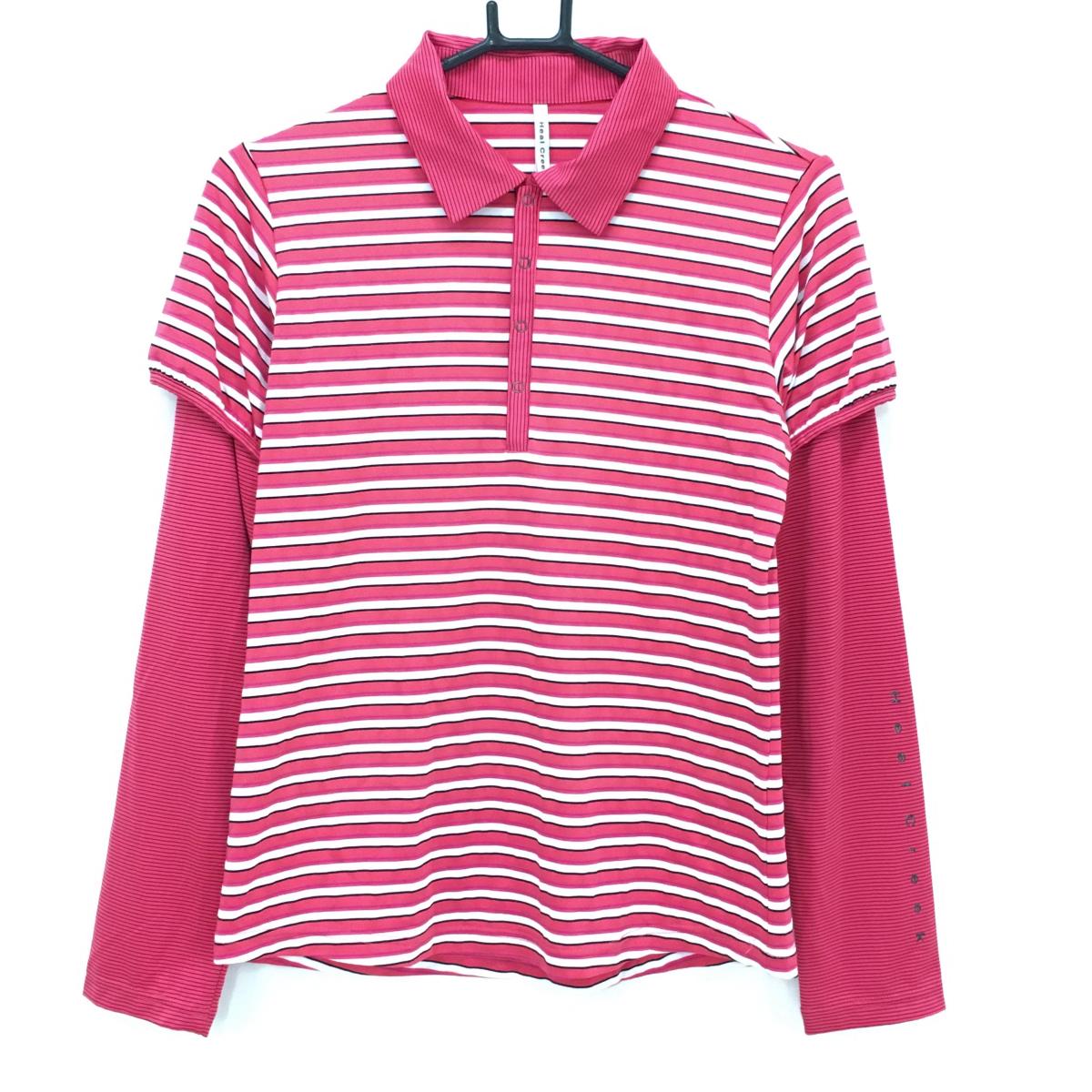 【超美品】ヒールクリーク 長袖ポロシャツ ピンクレッド×白 ボーダー 重ね着風 レディース 42(L) ゴルフウェア Heal Creek